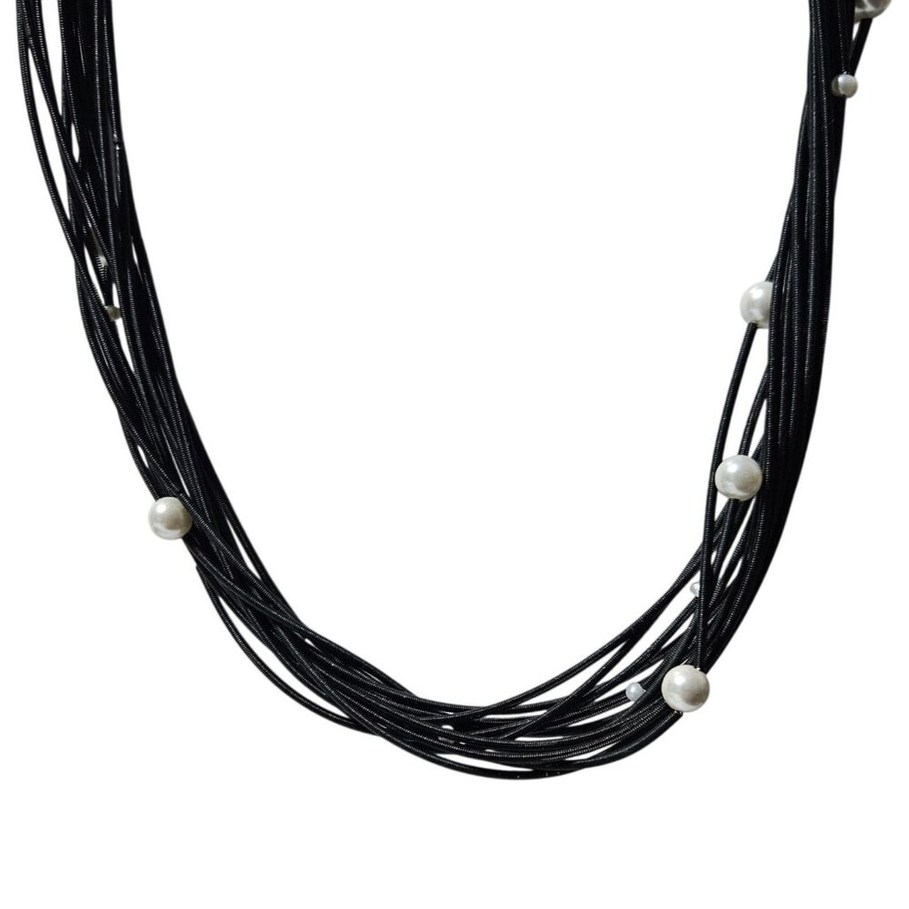 Sea Lily Elegant Black Faux Pearl Accent Multi Strand Necklace Fashion Jewelry